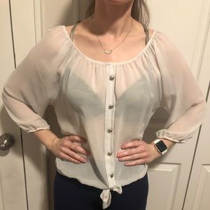 Urvana Plain Solid White Kind of Crop Top Ties in front on‎ bottom 3/4 Sleeves